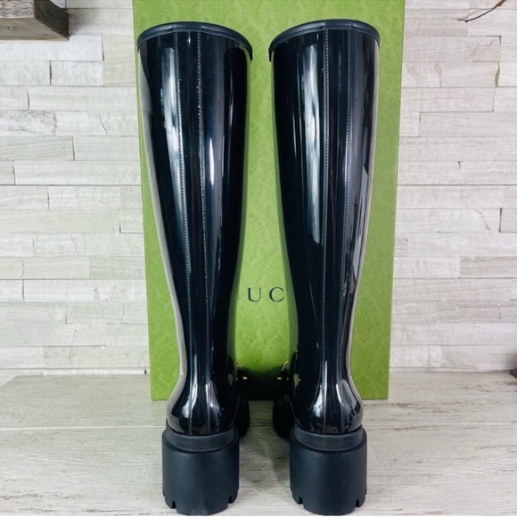 Gucci NWB Size 38 Black Gloss Rubber Insulated Horsebit Knee-High Rain Boot NWT - Picture 8 of 14